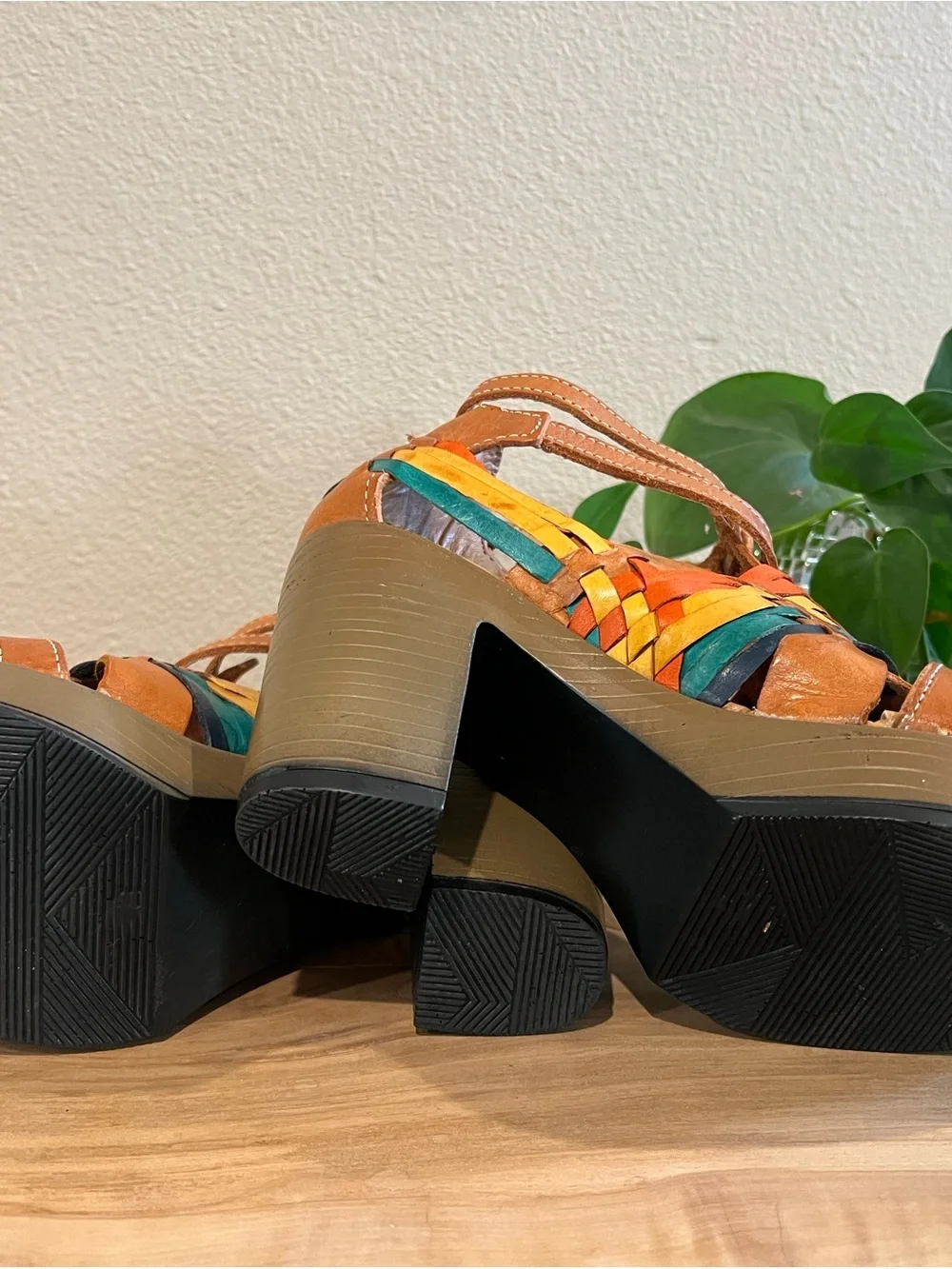 Tan Leather Platform Sandals with Multicolor Woven Accents